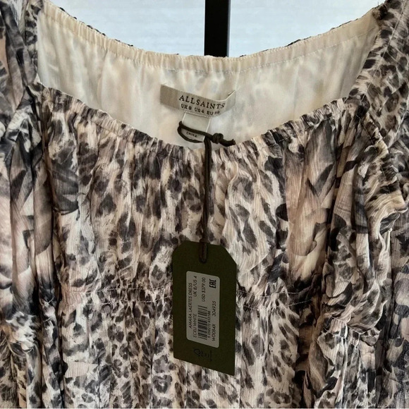All Saints Amara Laertes Midi Dress Grey Ecru Cheetah 4 NWT Spring Neutral Chic - Picture 5 of 8